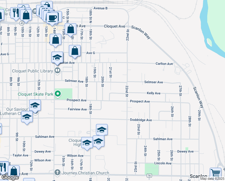 map of restaurants, bars, coffee shops, grocery stores, and more near 2108 Kelly Avenue in Cloquet