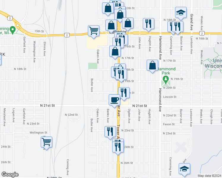 map of restaurants, bars, coffee shops, grocery stores, and more near 2001 Tower Avenue in Superior