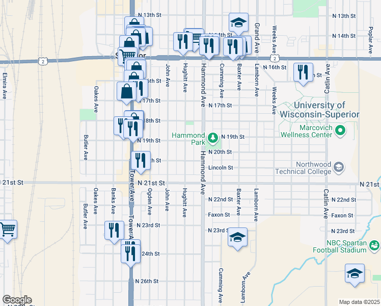 map of restaurants, bars, coffee shops, grocery stores, and more near 2001 Hammond Avenue in Superior