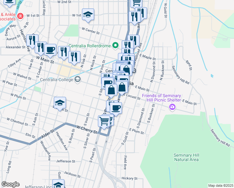 map of restaurants, bars, coffee shops, grocery stores, and more near 221 Washington 507 in Centralia