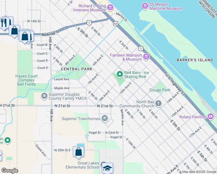 map of restaurants, bars, coffee shops, grocery stores, and more near 720 9th Avenue East in Superior