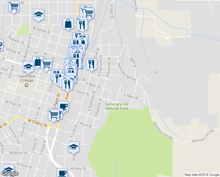 map of restaurants, bars, coffee shops, grocery stores, and more near 523 East Main Street in Centralia