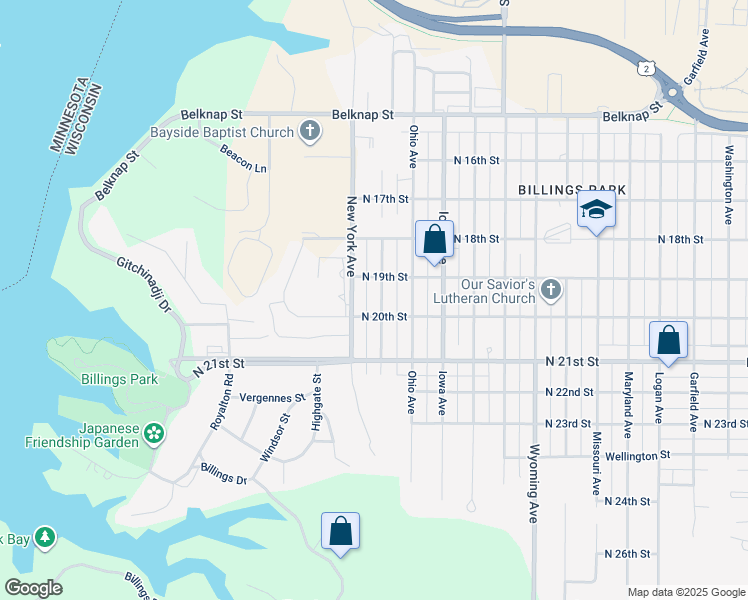 map of restaurants, bars, coffee shops, grocery stores, and more near 1827 Wisconsin Avenue in Superior