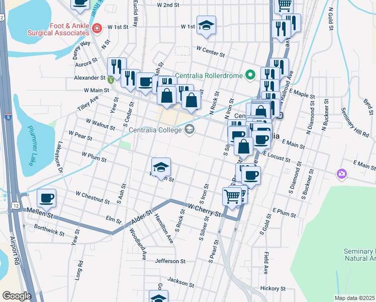 map of restaurants, bars, coffee shops, grocery stores, and more near 600 Centralia College Boulevard in Centralia