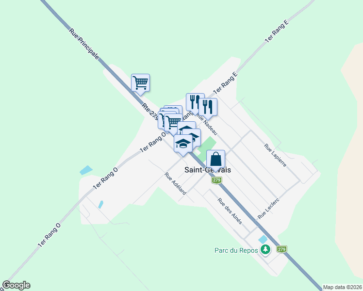 map of restaurants, bars, coffee shops, grocery stores, and more near 176 Rue Principale in Saint-Gervais