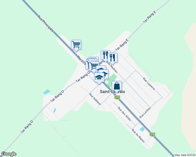 map of restaurants, bars, coffee shops, grocery stores, and more near 176 Rue Principale in Saint-Gervais