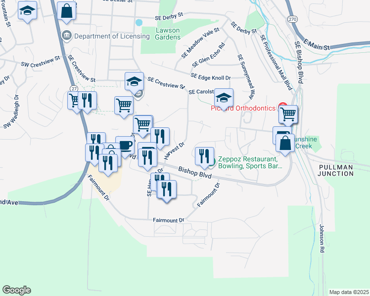 map of restaurants, bars, coffee shops, grocery stores, and more near 1365 Southeast Harvest Drive in Pullman