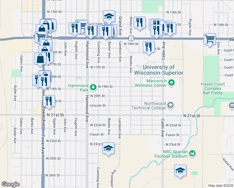map of restaurants, bars, coffee shops, grocery stores, and more near 1112 North 19th Street in Superior