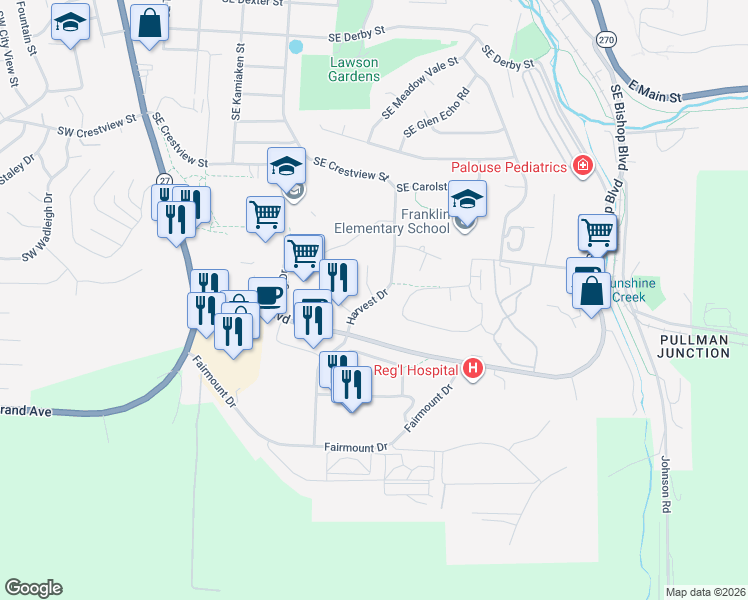 map of restaurants, bars, coffee shops, grocery stores, and more near SE Harvest Dr & Karcio Ct in Pullman