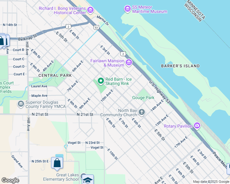 map of restaurants, bars, coffee shops, grocery stores, and more near 908 East 5th Street in Superior