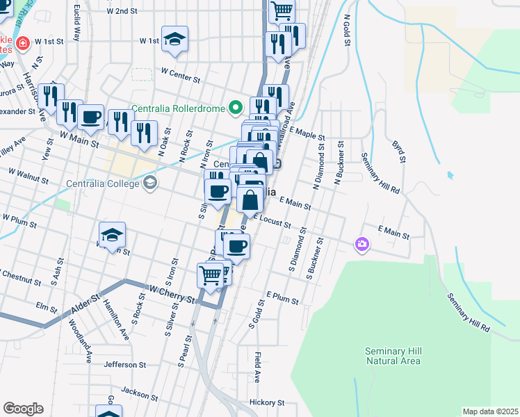 map of restaurants, bars, coffee shops, grocery stores, and more near 107 East Main Street in Centralia