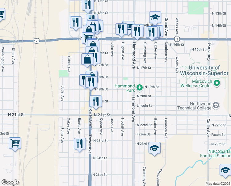 map of restaurants, bars, coffee shops, grocery stores, and more near 1511 North 19th Street in Superior
