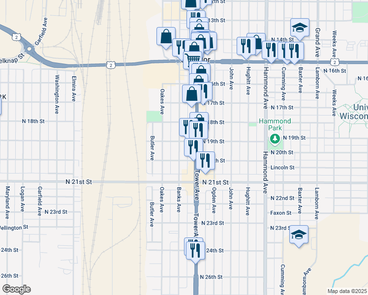 map of restaurants, bars, coffee shops, grocery stores, and more near 1827 Tower Avenue in Superior