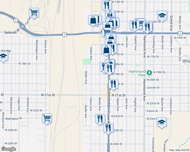 map of restaurants, bars, coffee shops, grocery stores, and more near 1905 North 19th Street in Superior