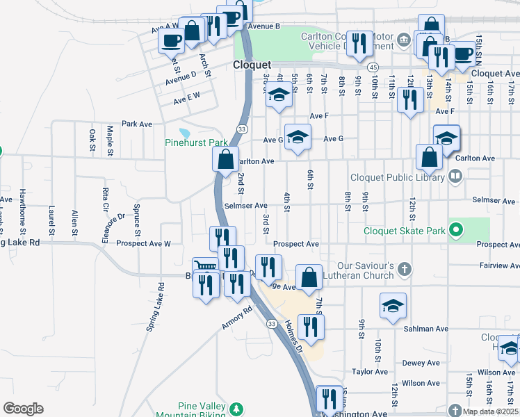 map of restaurants, bars, coffee shops, grocery stores, and more near 307 Selmser Avenue in Cloquet