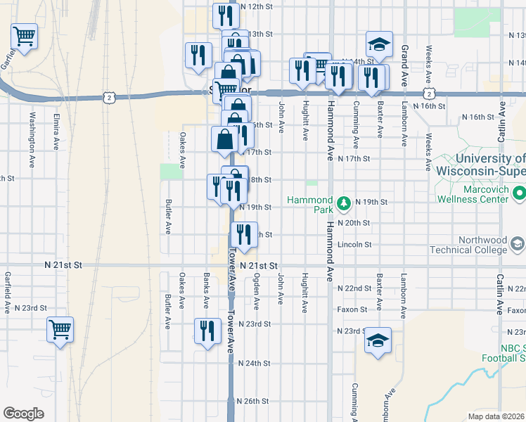 map of restaurants, bars, coffee shops, grocery stores, and more near 1901 John Avenue in Superior