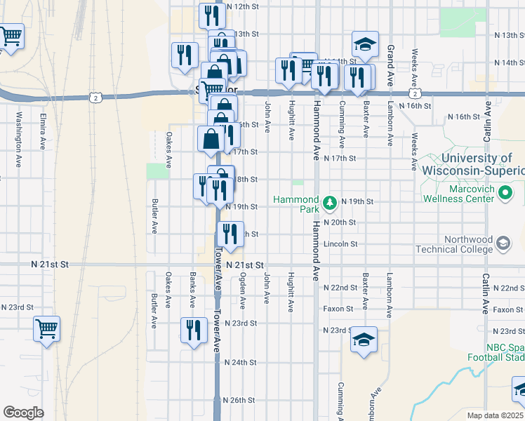 map of restaurants, bars, coffee shops, grocery stores, and more near 1901 John Avenue in Superior