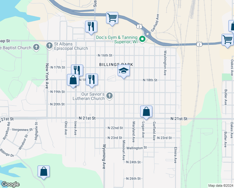 map of restaurants, bars, coffee shops, grocery stores, and more near 3020 North 19th Street in Superior