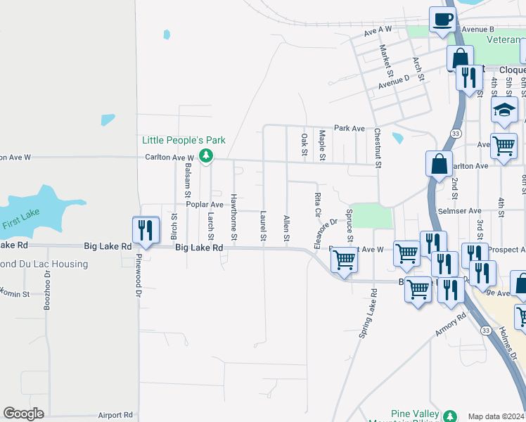 map of restaurants, bars, coffee shops, grocery stores, and more near 1001 Poplar Avenue in Cloquet