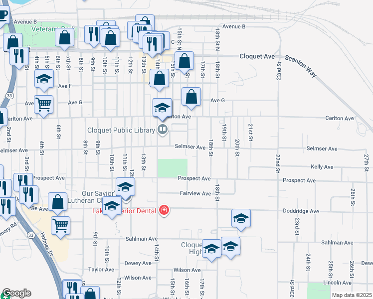 map of restaurants, bars, coffee shops, grocery stores, and more near 1520 Selmser Avenue in Cloquet