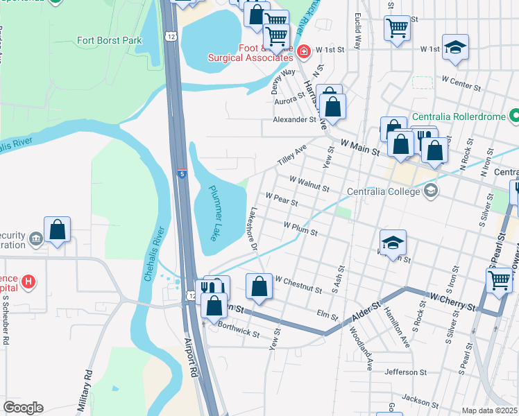 map of restaurants, bars, coffee shops, grocery stores, and more near 408 Lakeshore Drive in Centralia