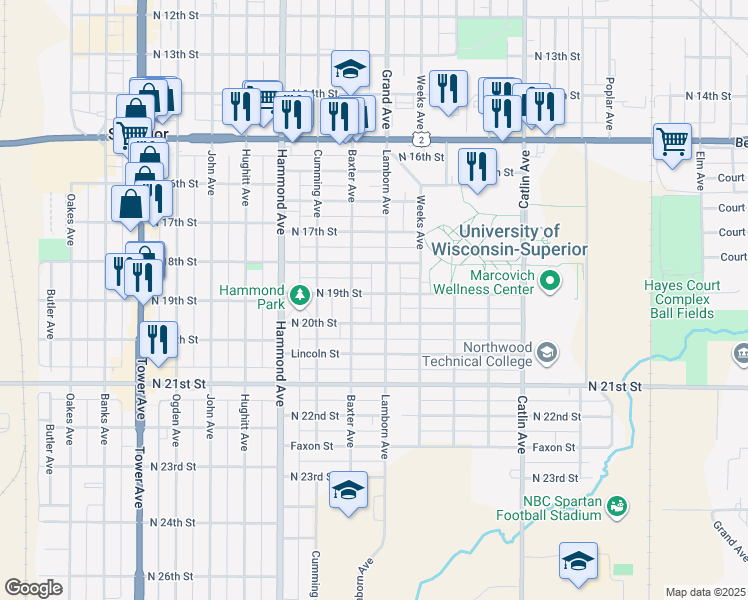 map of restaurants, bars, coffee shops, grocery stores, and more near 1112 North 19th Street in Superior