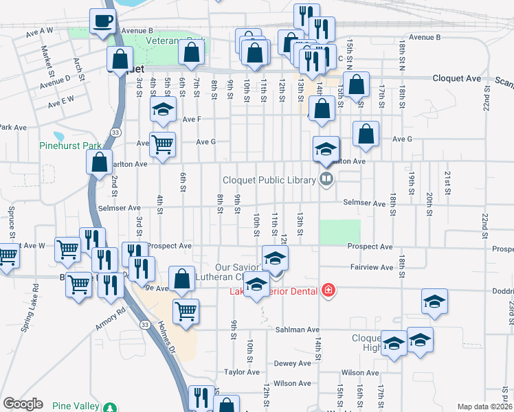 map of restaurants, bars, coffee shops, grocery stores, and more near 400 10th Street in Cloquet