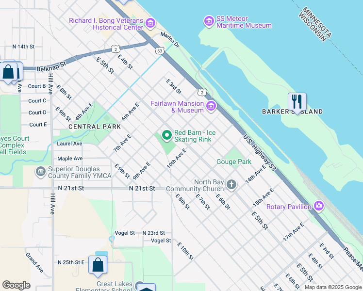 map of restaurants, bars, coffee shops, grocery stores, and more near 908 East 5th Street in Superior