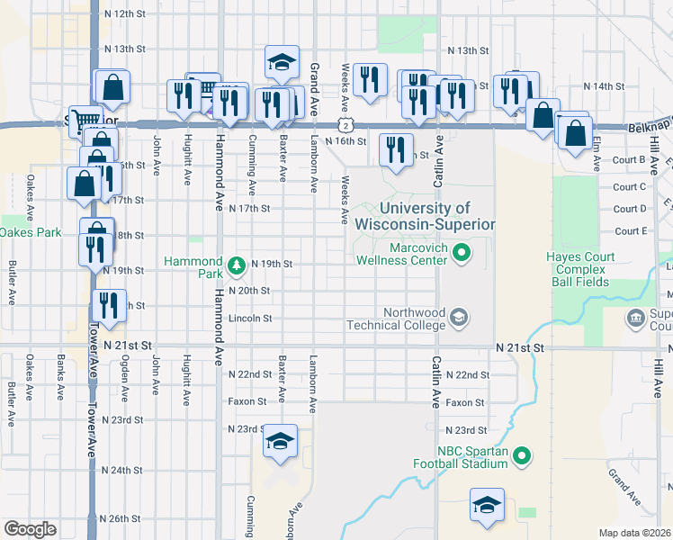 map of restaurants, bars, coffee shops, grocery stores, and more near 1008 North 19th Street in Superior