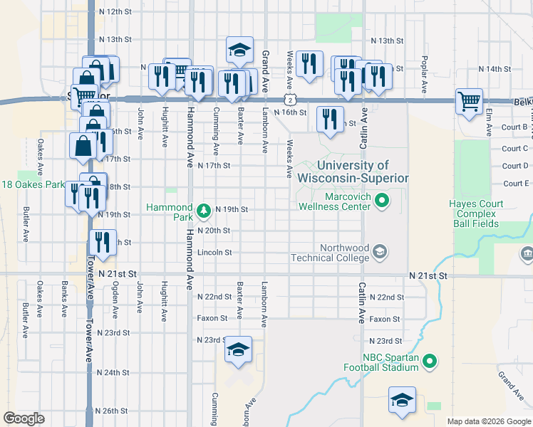 map of restaurants, bars, coffee shops, grocery stores, and more near 1112 North 19th Street in Superior