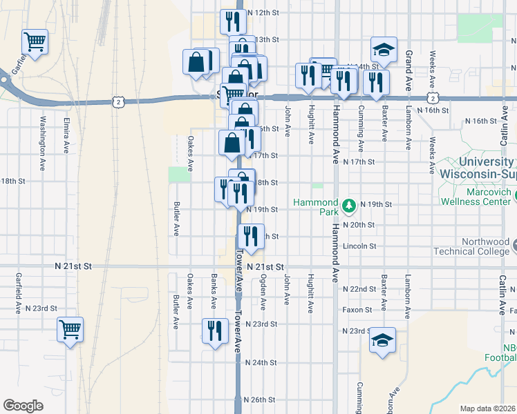 map of restaurants, bars, coffee shops, grocery stores, and more near 1709 North 19th Street in Superior