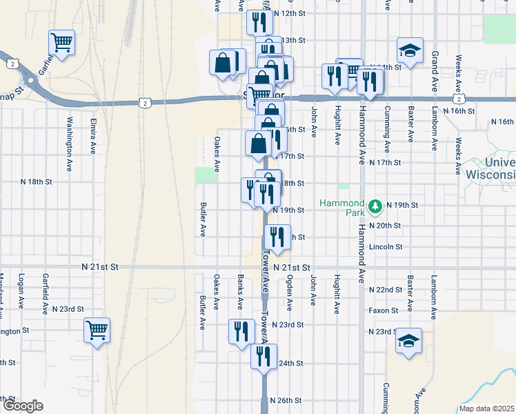 map of restaurants, bars, coffee shops, grocery stores, and more near 1827 Tower Avenue in Superior