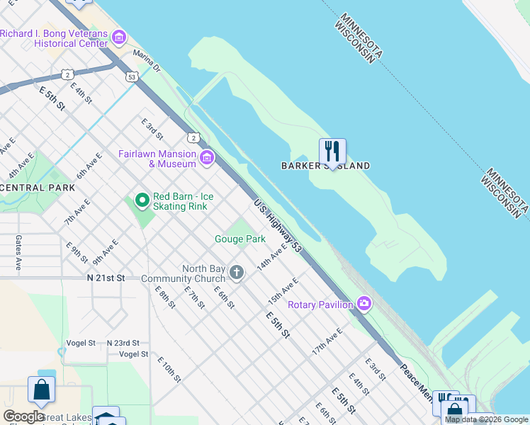 map of restaurants, bars, coffee shops, grocery stores, and more near 1206 East 2nd Street in Superior