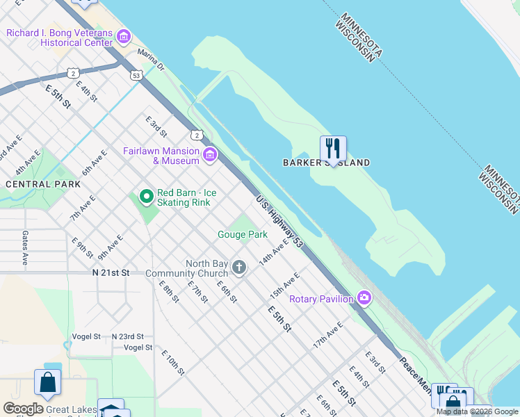map of restaurants, bars, coffee shops, grocery stores, and more near 1206 East 2nd Street in Superior