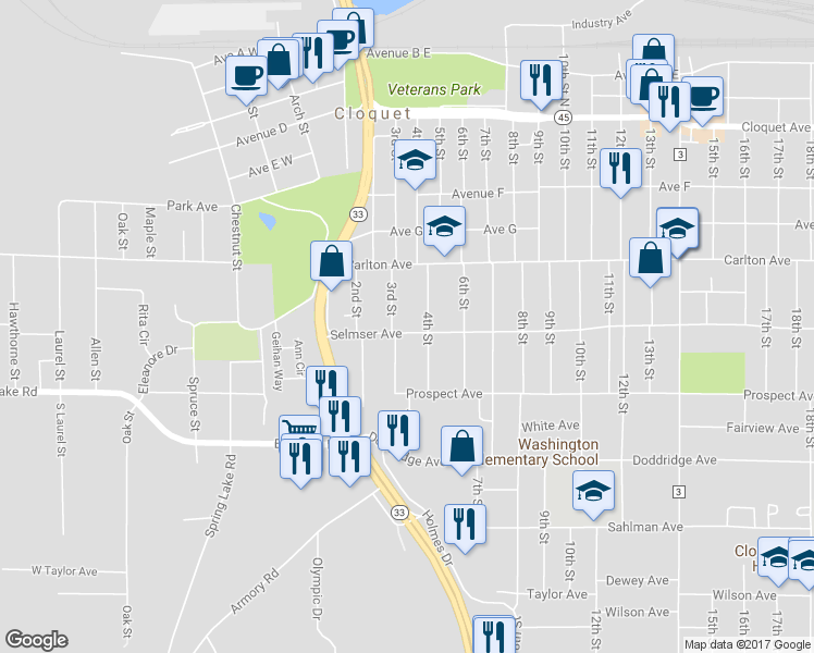 map of restaurants, bars, coffee shops, grocery stores, and more near 307 Selmser Avenue in Cloquet