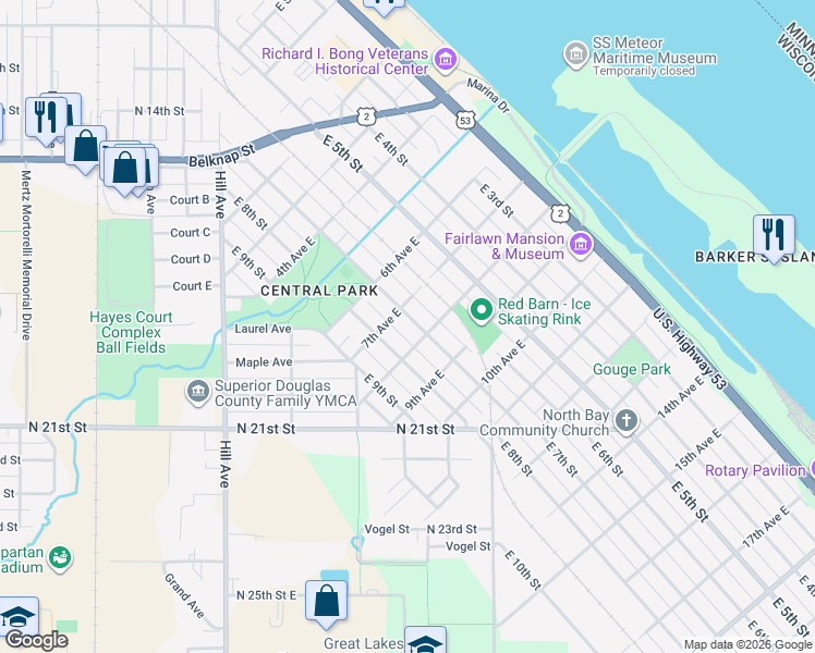 map of restaurants, bars, coffee shops, grocery stores, and more near 706 East 7th Street in Superior