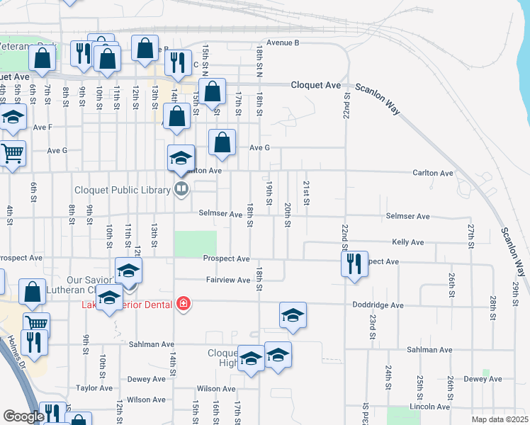 map of restaurants, bars, coffee shops, grocery stores, and more near 347 19th Street in Cloquet
