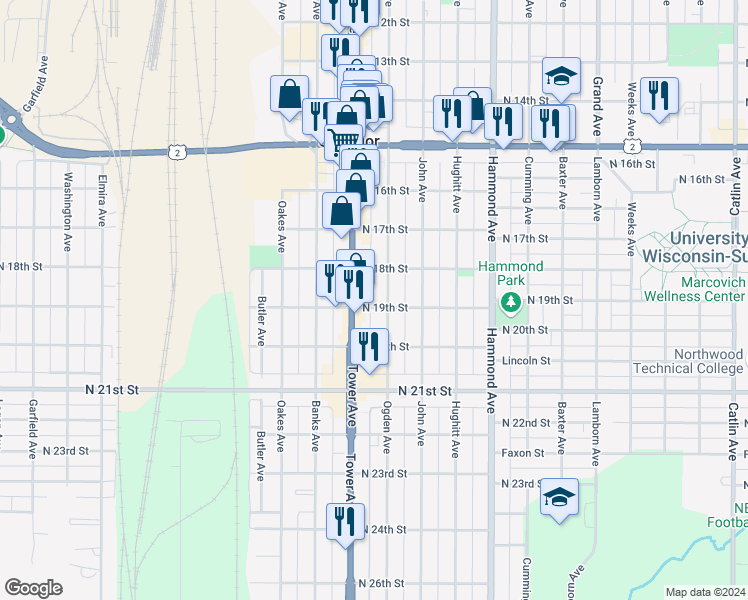 map of restaurants, bars, coffee shops, grocery stores, and more near 1709 North 19th Street in Superior