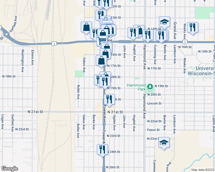 map of restaurants, bars, coffee shops, grocery stores, and more near 1709 North 19th Street in Superior
