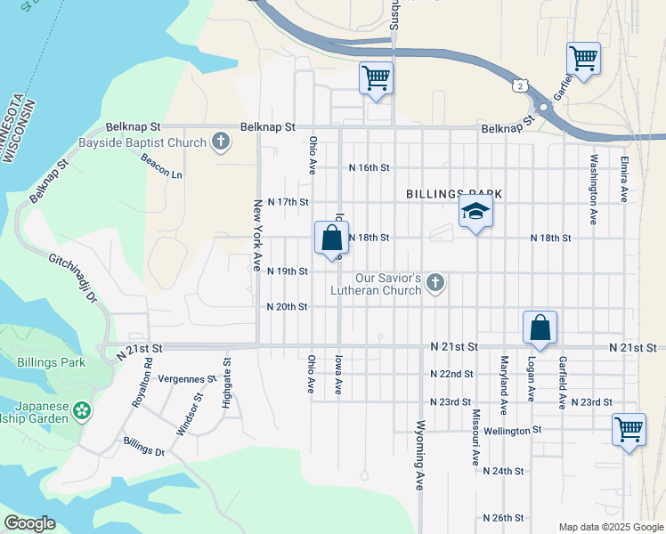 map of restaurants, bars, coffee shops, grocery stores, and more near 1827 Iowa Avenue in Superior