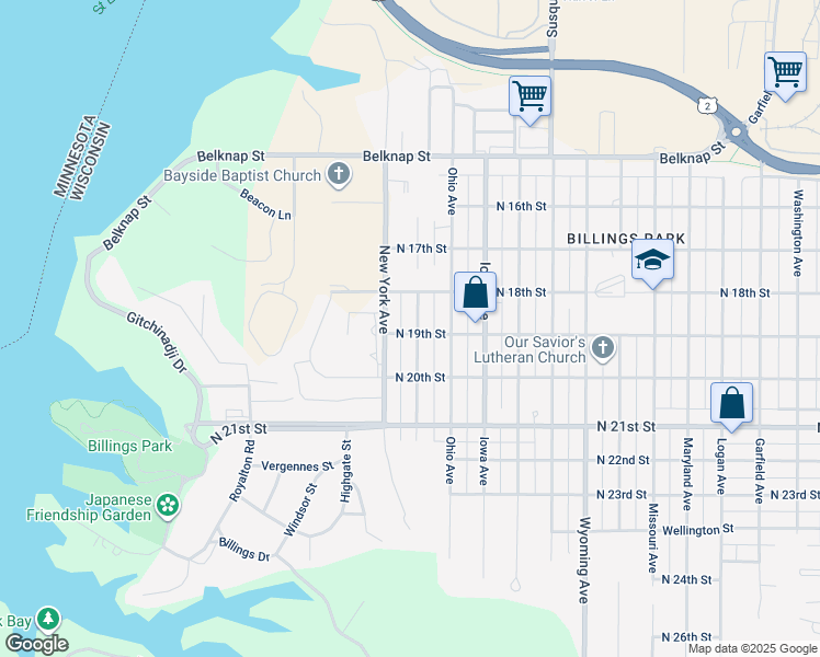 map of restaurants, bars, coffee shops, grocery stores, and more near 1827 Wisconsin Avenue in Superior