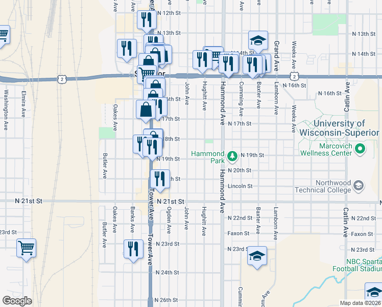 map of restaurants, bars, coffee shops, grocery stores, and more near 1822 John Avenue in Superior