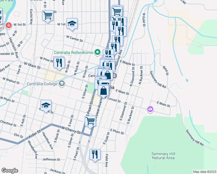 map of restaurants, bars, coffee shops, grocery stores, and more near 107 East Main Street in Centralia