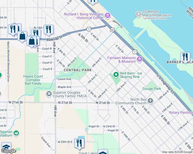 map of restaurants, bars, coffee shops, grocery stores, and more near 706 East 7th Street in Superior