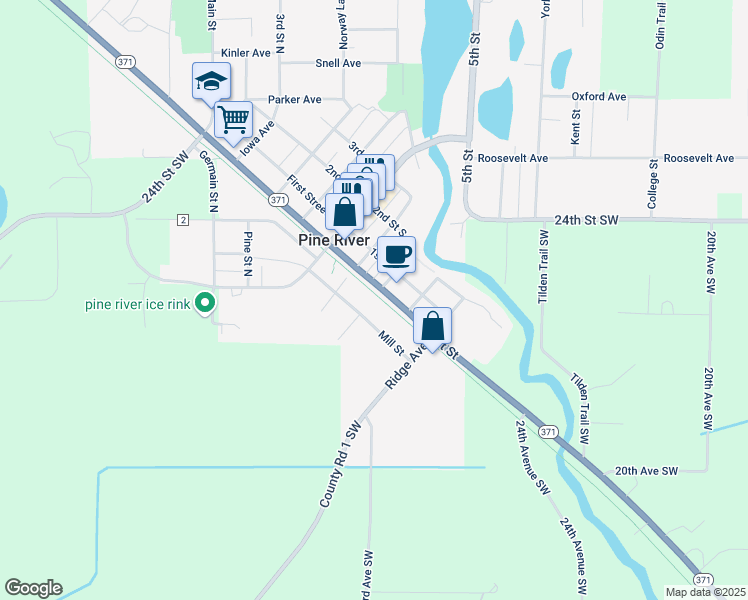 map of restaurants, bars, coffee shops, grocery stores, and more near 102 Barclay Avenue in Pine River