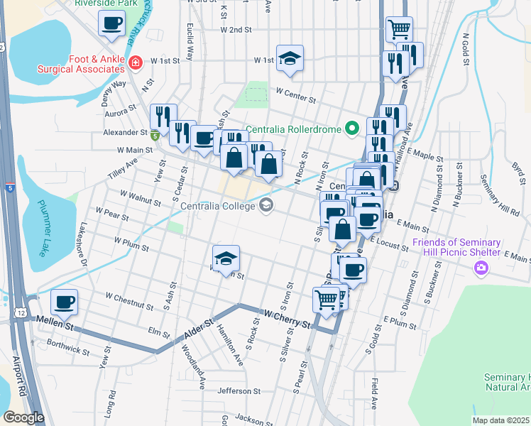 map of restaurants, bars, coffee shops, grocery stores, and more near 600 Centralia College Boulevard in Centralia