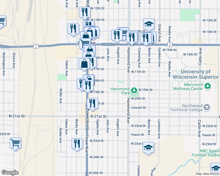 map of restaurants, bars, coffee shops, grocery stores, and more near 1818 John Avenue in Superior