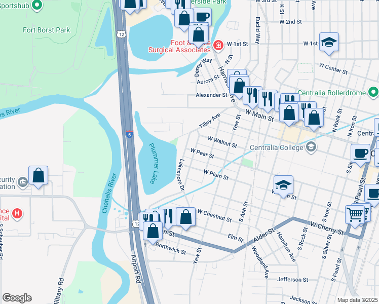 map of restaurants, bars, coffee shops, grocery stores, and more near 408 Lakeshore Drive in Centralia