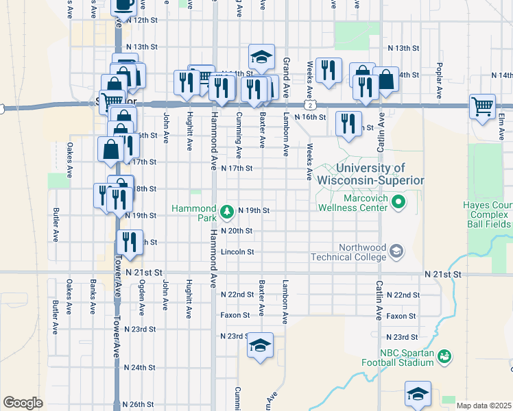 map of restaurants, bars, coffee shops, grocery stores, and more near 1210 North 19th Street in Superior