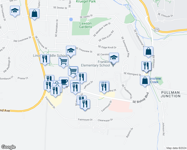map of restaurants, bars, coffee shops, grocery stores, and more near 1365 Southeast Harvest Drive in Pullman